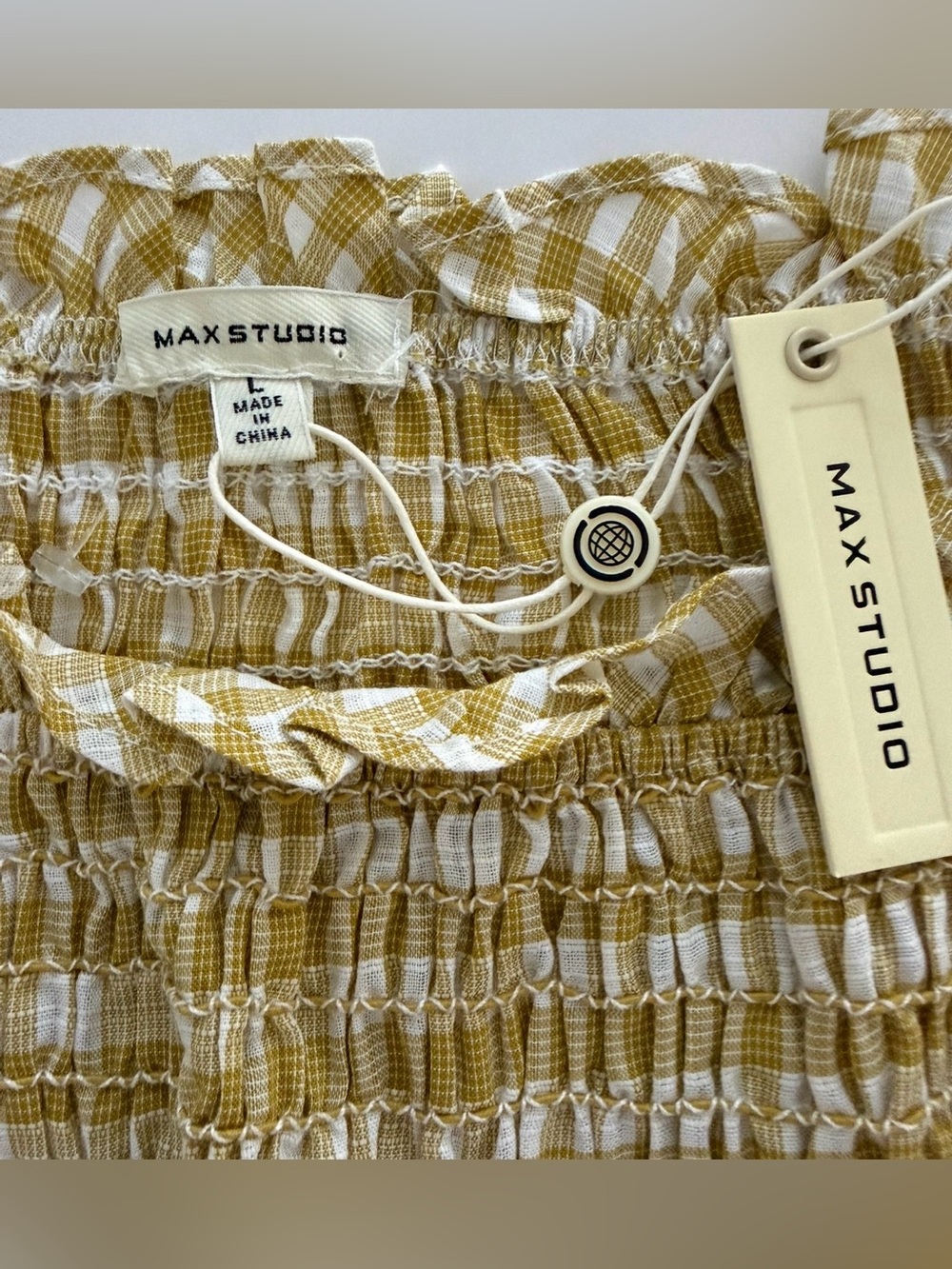 Max Studio Gingham Smocked Peplum Top Puff Sleeve Square Neck NWT  Size L - Picture 11 of 13